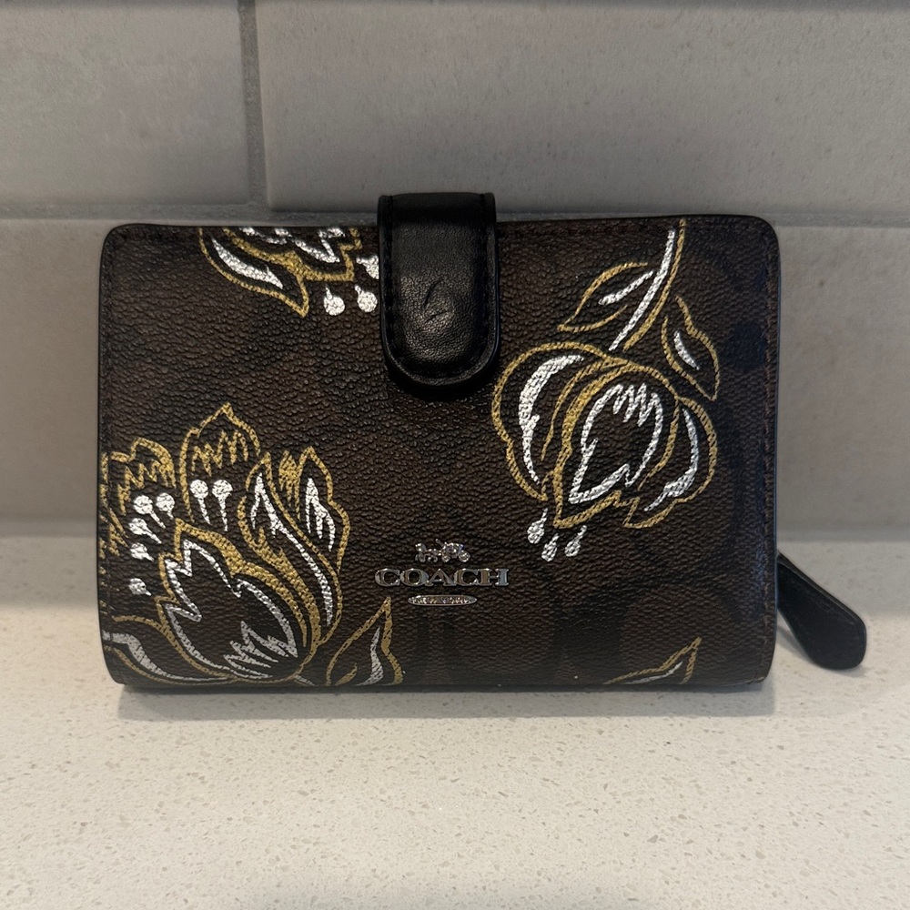 Coach Brown and Gold, Silver Floral Wallet